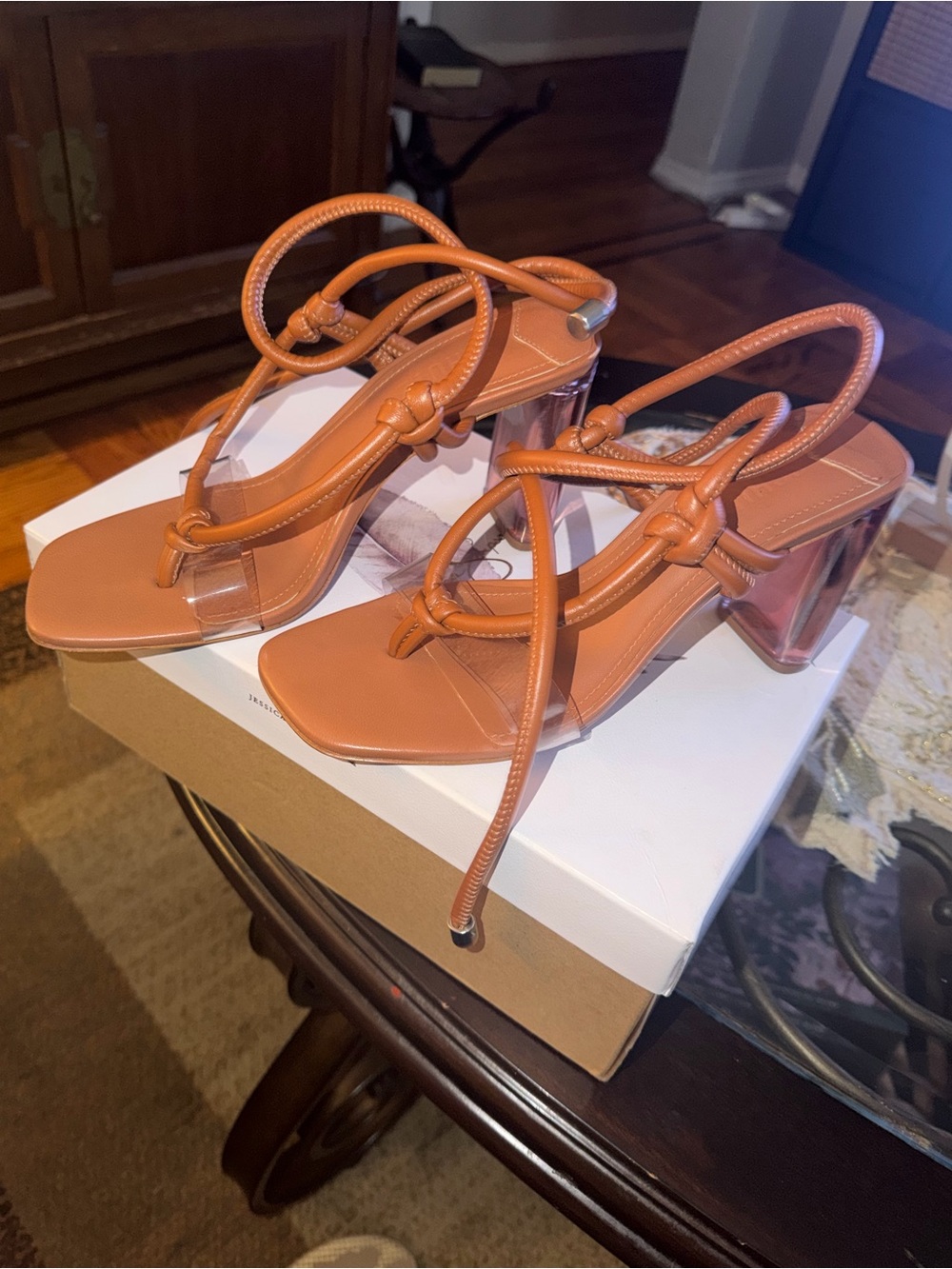 SCHUTZ Tan Strappy Knot Block Heel Sandals